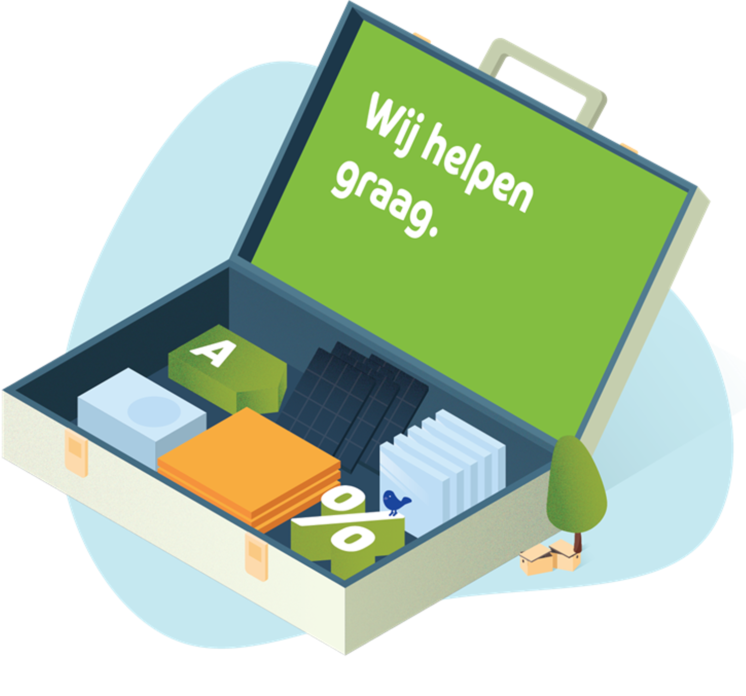 Illustratie van een koffer met hierin een energielabel A, zonnepanlen, een percentageteken. Op de koffer staat de tekst: Wij helpen graag.