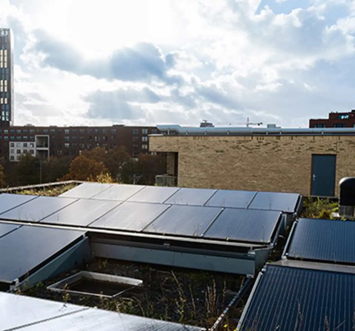 Zonnepanelen bovenop een dak van een appartementengebouw in Amsterdam.