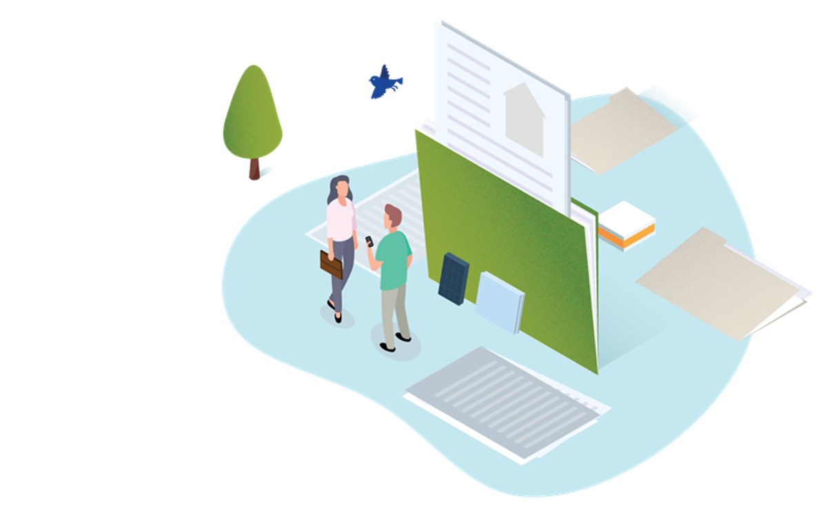 Animatie afbeelding adviseur en klant staan samen met om hun heen mappen met documenten.