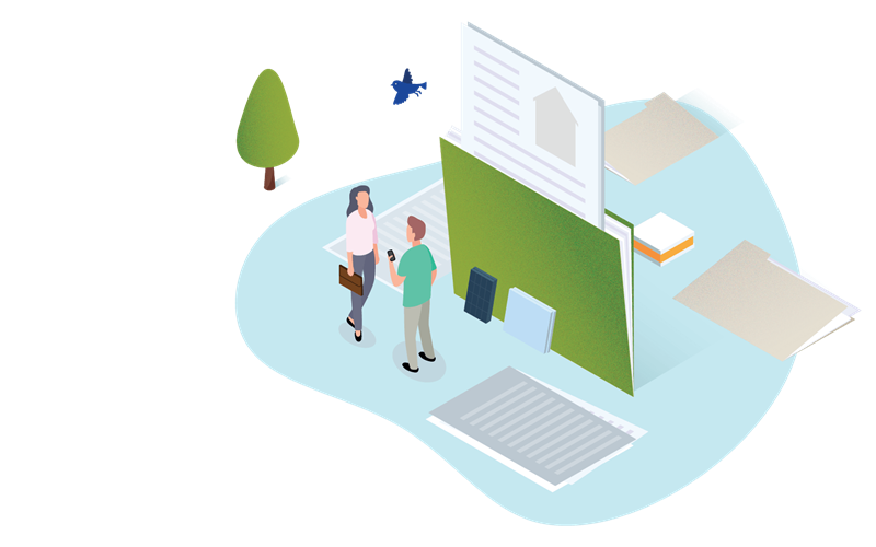 Animatie afbeelding adviseur en klant staan samen met om hun heen mappen met documenten.