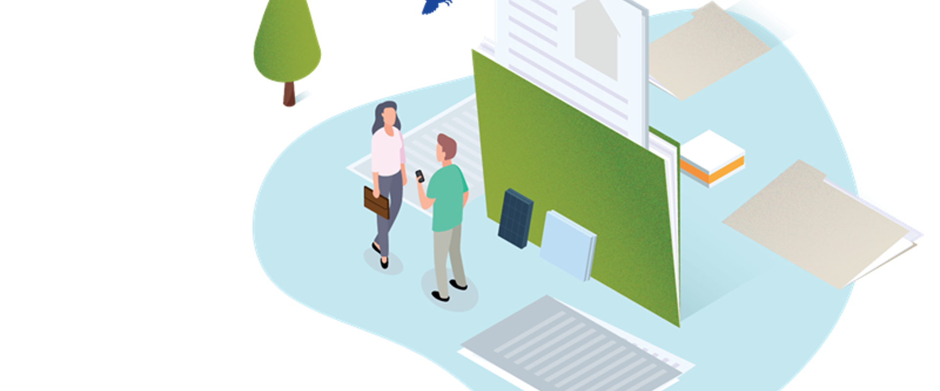 Animatie afbeelding adviseur en klant staan samen met om hun heen mappen met documenten.