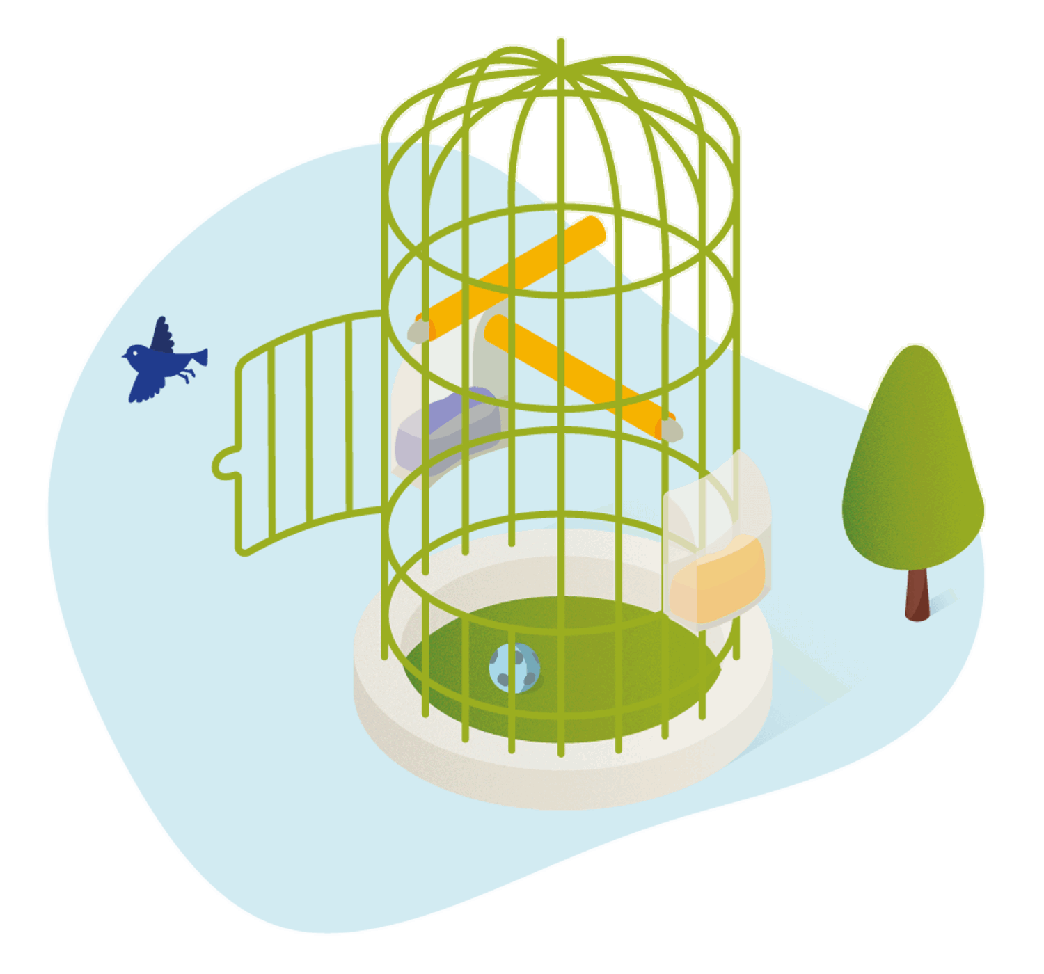 Vogelkooitje en Woonnu vogeltje vliegt weg