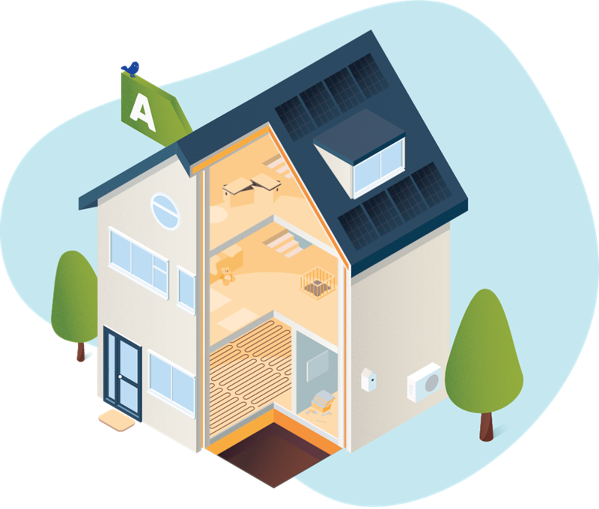 Illustratie open huis waarin verduurzamingsmogelijkheden te zien zijn. Zoals vloerverwarming en zonnepanelen.