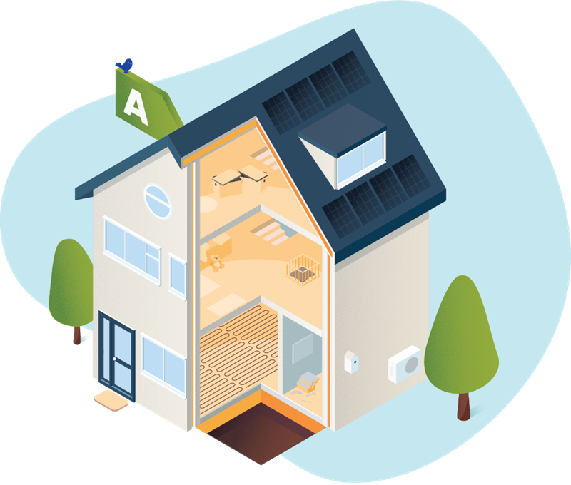 Illustratie open huis waarin verduurzamingsmogelijkheden te zien zijn. Zoals vloerverwarming en zonnepanelen.